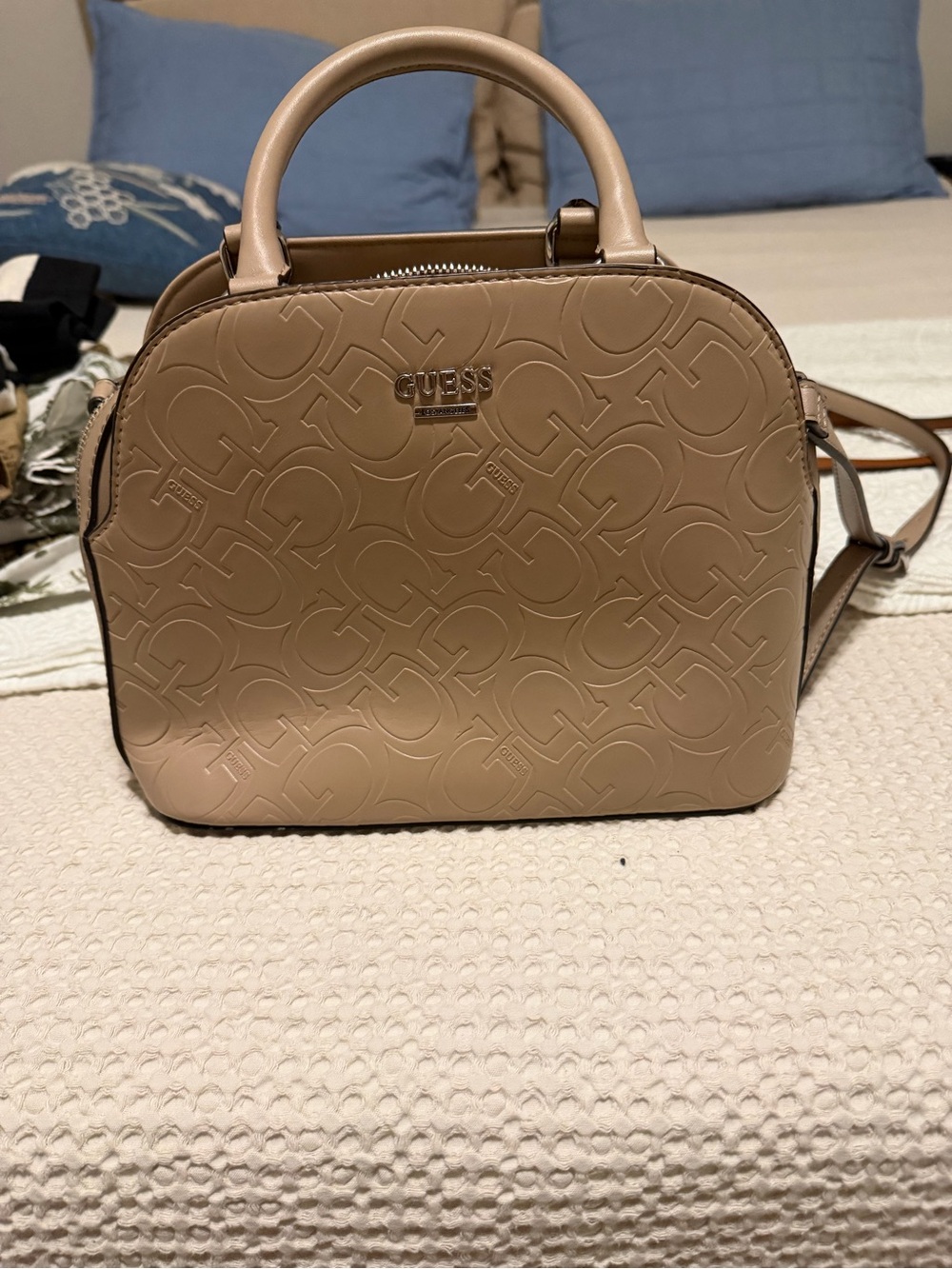 GUESS Taupe Embossed Dome Satchel with Detachable Strap